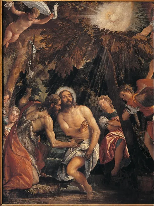 Framed Print : Baptism and Temptation of Christ, by Paolo Caliari known as Veronese, 1580 - 1581, 16th Century, oil on canvas, cm 248 x 450 - Italy, Lombardy, Milan, Brera art gallery. Detail Framed Print : Baptism and Temptation of Christ, by Paolo Caliari known as Veronese, 1580 - 1581, 16th Century, oil on canvas, cm 248 x 450 - Italy, Lombardy, Milan, Brera art gallery. Detail