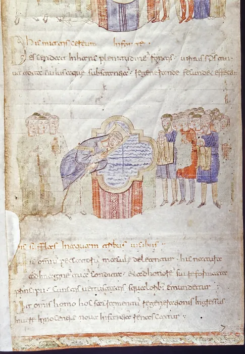 Framed Print : Baptism, by Unknown Artist, 10th Century, manuscript page - Italy, Lazio, Rome, Casanatense Library. Whole artwork view. Page from the Book of Blessings, ms. Cas. 724