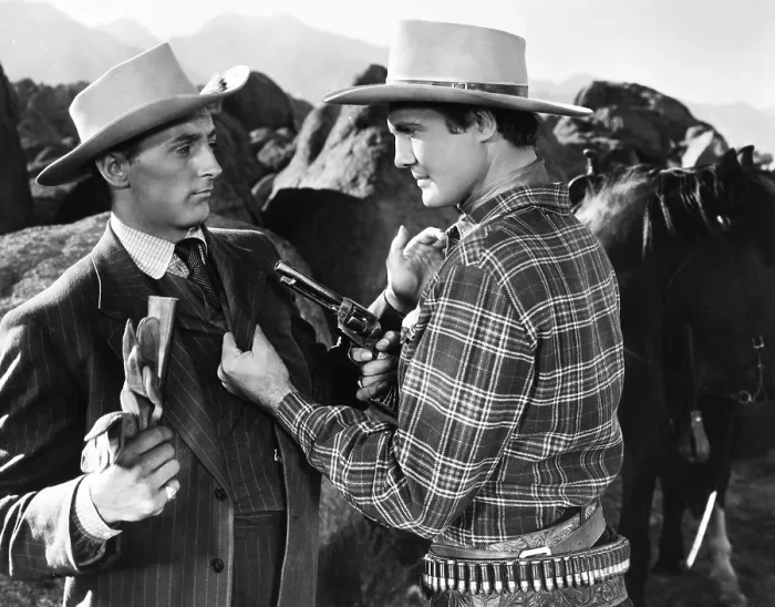 Framed Print : BAR 20, from left: Robert Mitchum, George Reeves, 1943 Framed Print : BAR 20, from left: Robert Mitchum, George Reeves, 1943