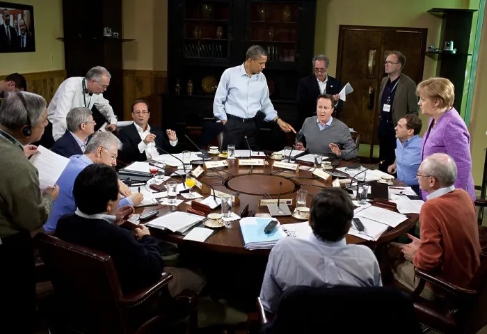 Framed Print : Barack Obama hosts a G8 Summit working session in the dining room of Laurel Cabin at Camp David Framed Print : Barack Obama hosts a G8 Summit working session in the dining room of Laurel Cabin at Camp David