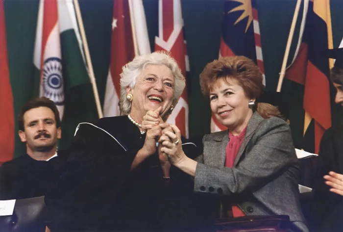 Framed Print : Barbara Bush and Raisa Gorbachev deliver commencement addresses at Wellesley College while their husbands conduct a productive Summit meeting in Washington D.C. May 1 1990