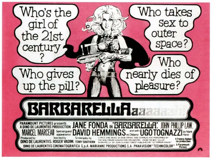 Framed Print : BARBARELLA, Jane Fonda on UK poster art, 1968 Framed Print : BARBARELLA, Jane Fonda on UK poster art, 1968