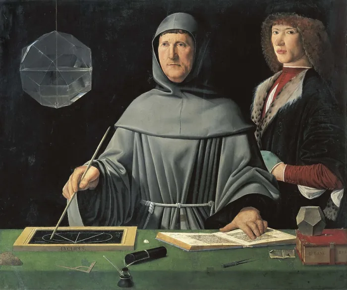 Framed Print : DE BARBARI, Jacopo (half 15th century-1515). Portrait of fra Luca Pacioli with a pupil. Pacioli demonstrating one of Euclid's theorems. Renaissance art. Oil on wood Framed Print : DE BARBARI, Jacopo (half 15th century-1515). Portrait of fra Luca Pacioli with a pupil. Pacioli demonstrating one of Euclid's theorems. Renaissance art. Oil on wood