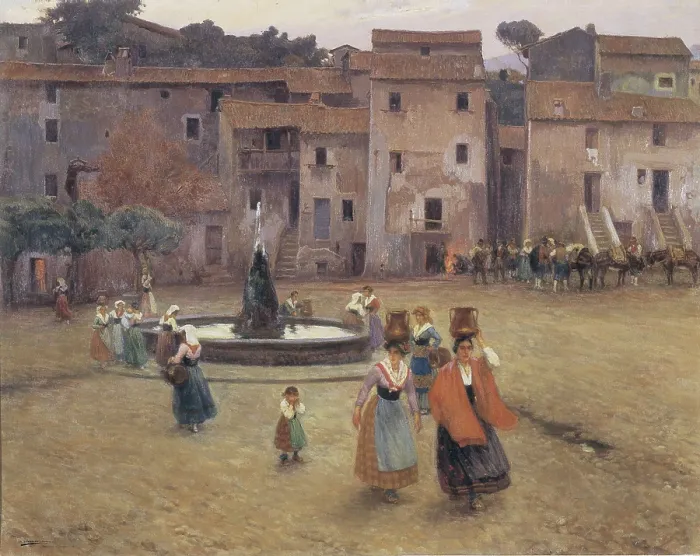Framed Print : BARBASAN LAGUERUELA, Mariano (1864-1924). Italian Hamlet. beg. 20th c. Scene of Anticoli Corrado, village where the artist lived. Oil on canvas. SPAIN. Pontevedra