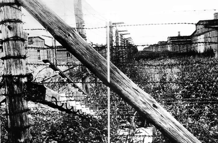 Framed Print : Barbed wire surrounding the barracks at a concentration camp in Lublin, Poland, 1944. Courtesy: CSU Archives / Everett Collection
