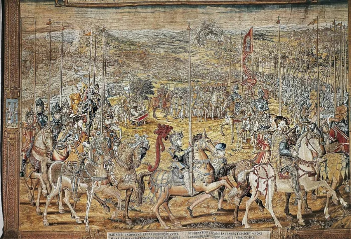 Framed Print : Barcelona (1535). Parade of Charles V troops before going to Tunisia. Flemish art. Tapestry. AISA / Everett Collection**US SALES ONLY**