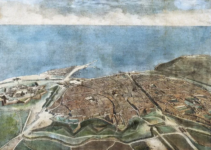Framed Print : Barcelona in 1860. Picture by Onofre Alsamora. Litography. SPAIN. Barcelona. Barcelona City History Museum. AISA / Everett Collection**US SALES ONLY**