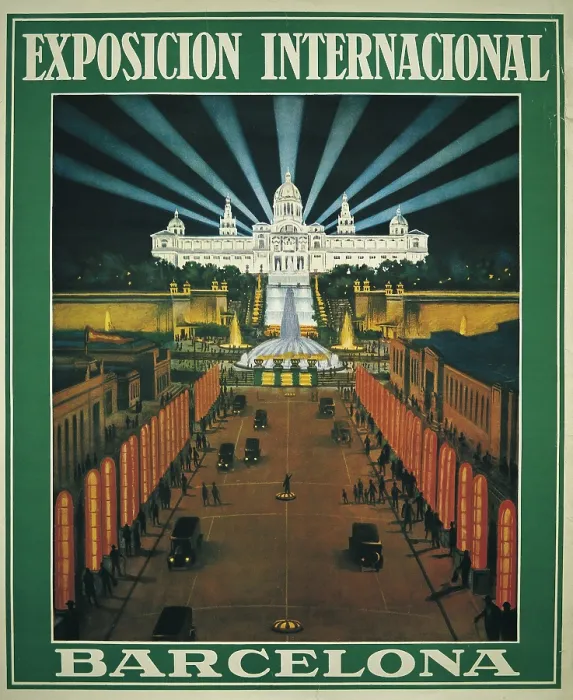 Framed Print : Barcelona International Exhibition. 1929. Poster from an illustration by R. Bas. View of Paseo de Maria Cristina with the Montjuc fountains and the National Palace. - J