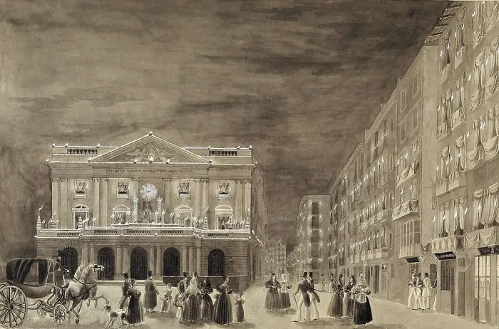 Framed Print : Barcelona. La Llotja (trade center) with lights, accordinf to the drawing by Onofre Alsamora (1853). Engraving. SPAIN. Barcelona. Barcelona City History Museum