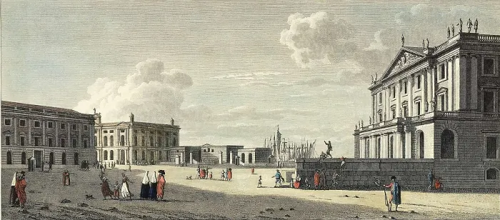 Framed Print : Barcelona. The Llotja (ancient stock exchange), the Palace of the Captain General of the Customs, and the gate of the sea. Drawing by Jacques Moulinier. Engraving. SPAIN