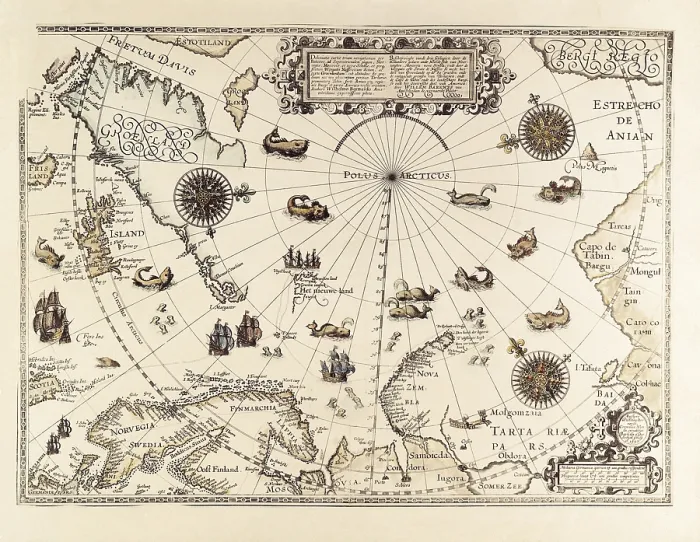 Framed Print : BARENTSWillem (1550-1597). Dutch Navigator. Map of the trip from Barents to the Arctic (1598). FRANCE. Paris. National Library. AISA / Everett Collection (103104)**US SALES ONLY** Framed Print : BARENTSWillem (1550-1597). Dutch Navigator. Map of the trip from Barents to the Arctic (1598). FRANCE. Paris. National Library. AISA / Everett Collection (103104)**US SALES ONLY**