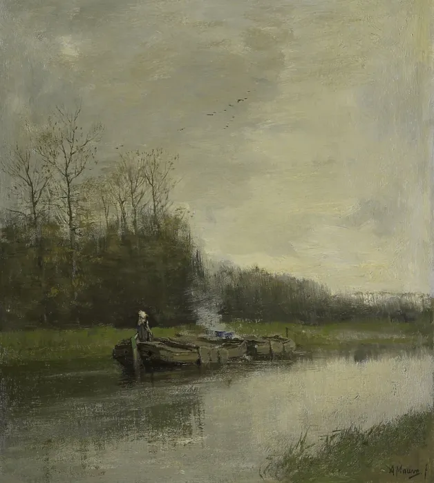 Framed Print : Barge Canal, by Anton Mauve, c. 1860-88, Dutch painting, oil on canvas. Two barges moored along a barge canal. A woman stands at the helm of a boat (BSLOC_2016_2_38)