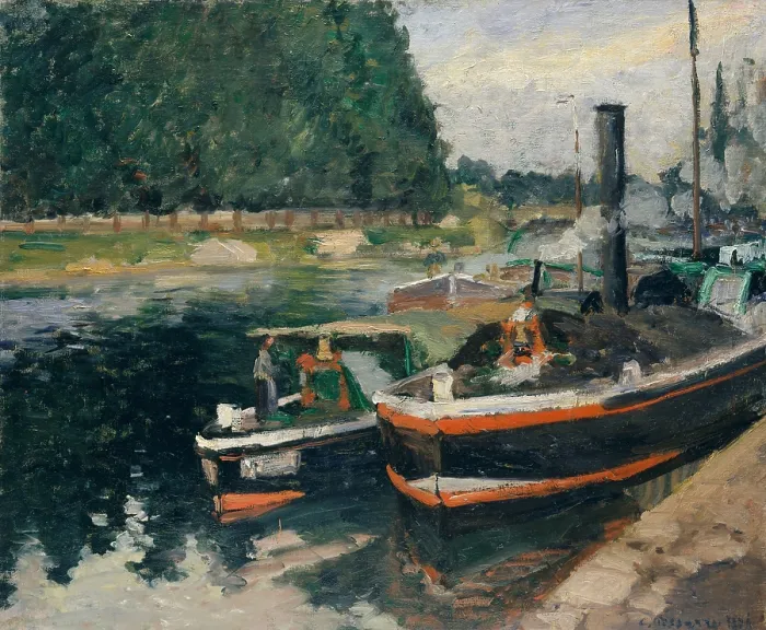 Framed Print : Barges at Pontoise, by Camille Pissarro, 1876, French impressionist painting, oil on canvas