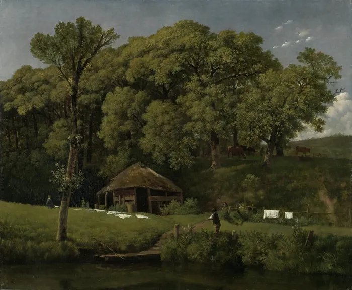 Framed Print : A Barn on the Bank of a Stream in Gelderland, by Wouter Johannes van Troostwijk, c. 1805-10, Dutch painting, oil on canvas. Streamside farm barn with figures and fabric bleaching