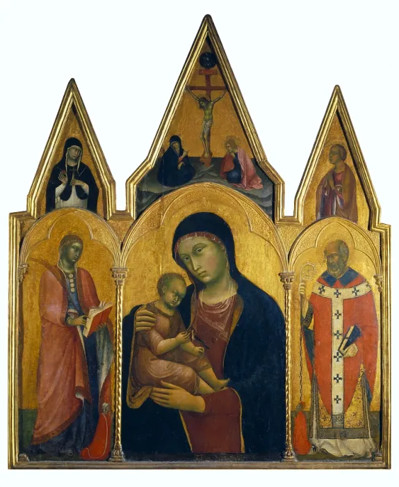 Framed Print : BARNABA da MODENA (14th century). The Virgin and Child with Saint Nicholas and Saint Cyril of Alexandria. circa 1361-1383. Renaissance art. Trecento. Tempera on wood. ITALY