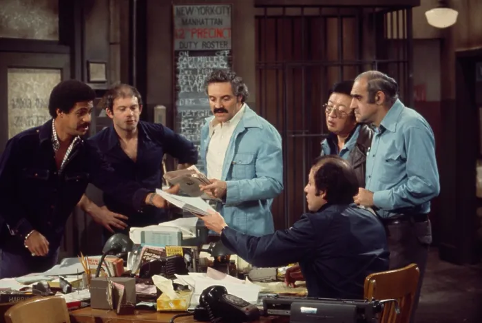 Framed Print : BARNEY MILLER, from left: Ron Glass, Max Gail, Hal Linden, Jack Soo, Abe Vigoda, Gregory Sierra, 1975-82 Framed Print : BARNEY MILLER, from left: Ron Glass, Max Gail, Hal Linden, Jack Soo, Abe Vigoda, Gregory Sierra, 1975-82
