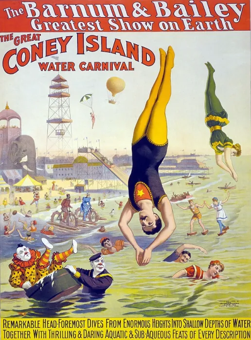 Framed Print : Barnum and Bailey's Great Water Carnival high divers and clowns performing in the ocean at Coney Island, New York. 1898