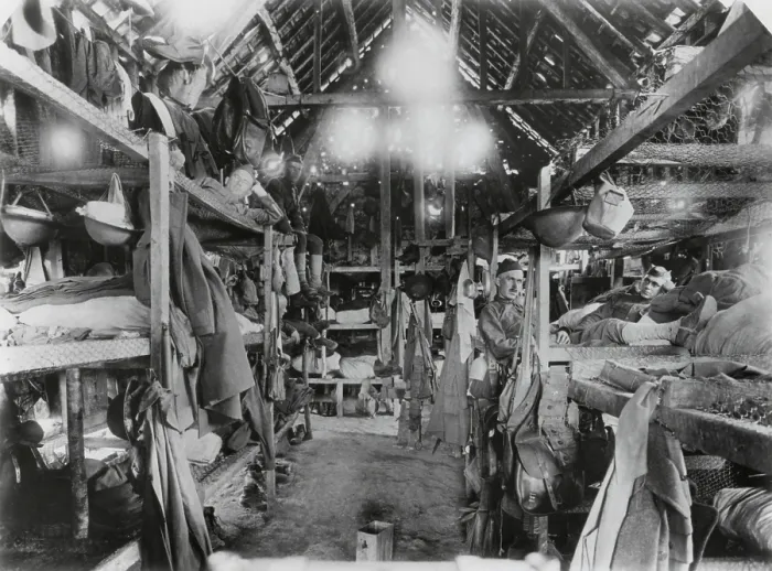 Framed Print : Barracks of WW1 American soldiers in France. July 19, 1918. The 305th M.P. Train, Company A, were billeted in a old wood building in Beauval, France. (BSLOC_2012_4_158)