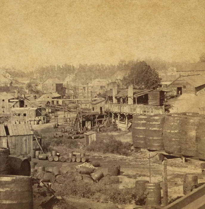 Framed Print : Barrels and buildings at an oil refinery in Erie, Pennsylvania in the 1870s Framed Print : Barrels and buildings at an oil refinery in Erie, Pennsylvania in the 1870s