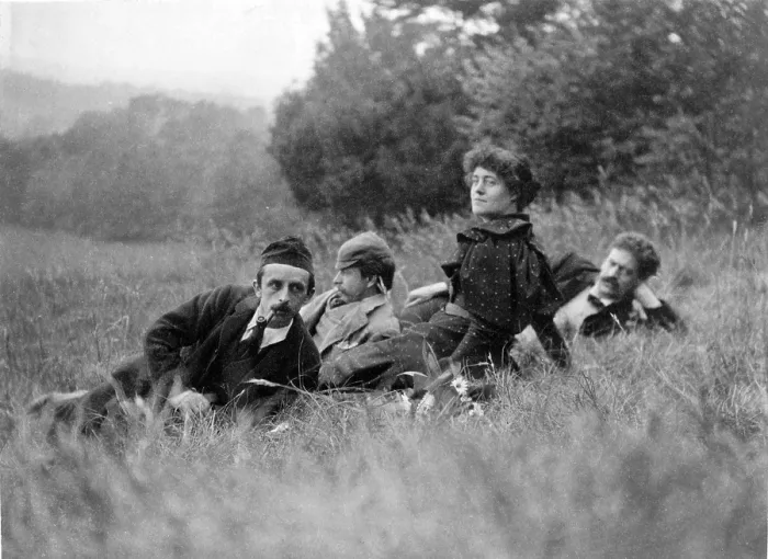 Framed Print : Barrie, J. M. (James Matthew), 1860-1937 with a group of men and women. Published in 'Allahakbarries, ' a book Barrie printed for his friends in 1893