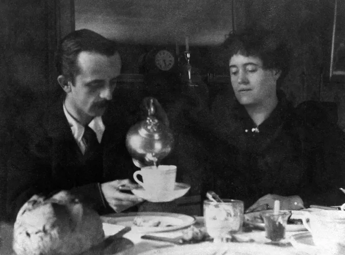 Framed Print : Barrie, J. M. (James Matthew), (1860-1937) having tea with a women friend. Published in 'Allahakbarries, ' a book Barrie printed for his friends in 1893 Framed Print : Barrie, J. M. (James Matthew), (1860-1937) having tea with a women friend. Published in 'Allahakbarries, ' a book Barrie printed for his friends in 1893