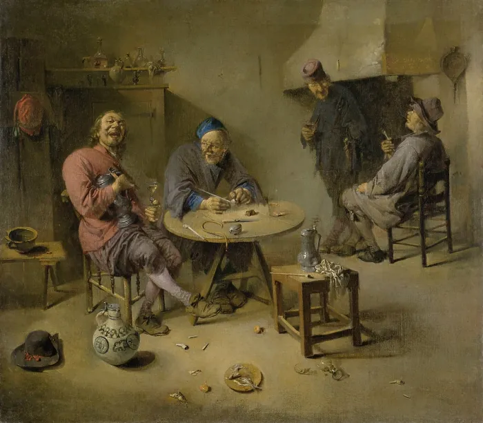 Framed Print : The Barroom, by Abraham Diepraam, 1665, Dutch painting, oil on canvas. Interior of an Inn with two smoking, drinking and singing men at a table