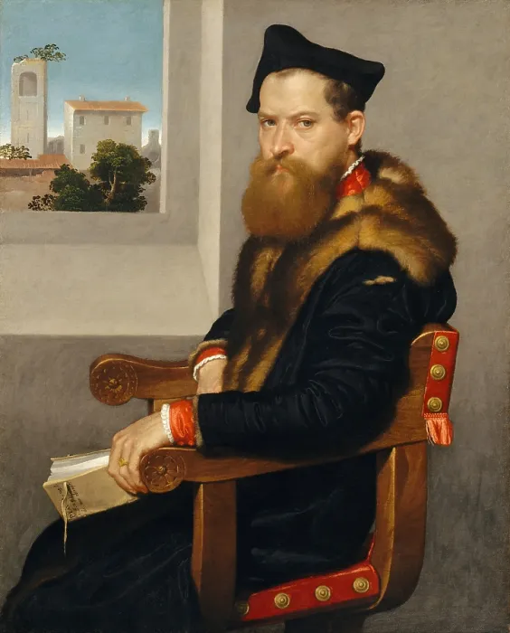 Framed Print : BARTOLOMMEO BONGHI, by Giovanni Battista Moroni, 1553, Italian Renaissance oil painting. Bonghi was a legal scholar and is holding a book on Roman civil law