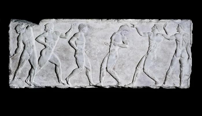 Framed Print : Base of a funerary kouros with six athletes. 510 -500 BC. Archaic Greek art. Relief on marble. GREECE. Athens. National Museum of Archaeology. Proc: GREECE. Athens. Acropolis Framed Print : Base of a funerary kouros with six athletes. 510 -500 BC. Archaic Greek art. Relief on marble. GREECE. Athens. National Museum of Archaeology. Proc: GREECE. Athens. Acropolis