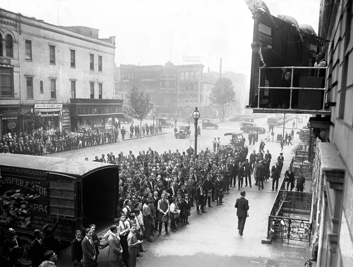 Framed Print : Baseball. A crowd watches the score board of the Washington Star newspaper. Washington, DC, 1923