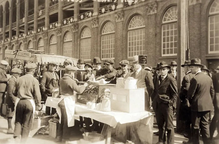 Framed Print : Baseball. Hot Dog vendors sell to fans at Ebbets Field, Brooklyn, New York. October 6, 1920