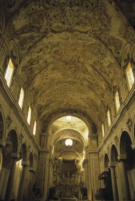 Framed Print : Basilica Cathedral of the Most Holy Saviour, 1086 - 1694, 11th - 17th Century - Italy, Sicily, Mazara del Vallo. Detail. View of the nave with baroque ceiling