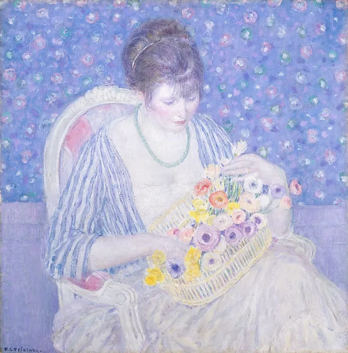 Framed Print : The Basket of Flowers, by Frederick Carl Frieseke, 1913-17, American impressionist painting, oil on canvas