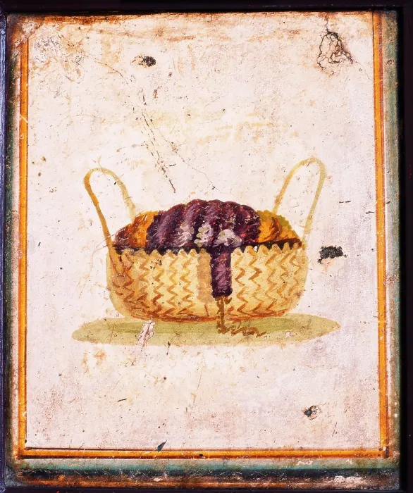 Framed Print : Basket, by unknown artist, 45-69, 1st Century A.D. ripped fresco, 24 x 20 cm - Italy, Campania, Naples, National Archaeological Museum, Room LXXVII, inv. 8689
