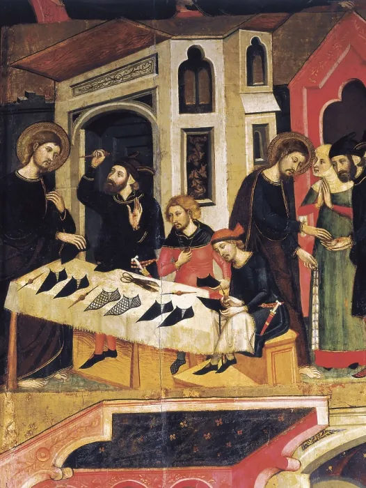 Framed Print : BASSA, Arnau (14th century). Saint Mark's Altarpiece. 1346. SPAIN. Manresa. Basilica of Santa Maria de la Seu of Manresa. Detail with Jesus and Saint Anian the shoemaker