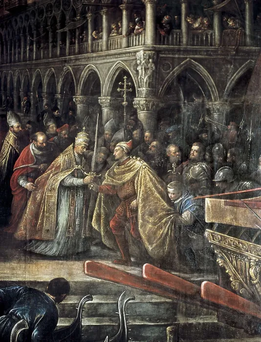 Framed Print : BASSANO, Francesco (1540-1592). Meeting of Pope Alexander III and Doge Ziani. ca. 1582. ITALY. Venice. Ducal Palace. Renaissance art. Cinquecento. Venetian school. Painting