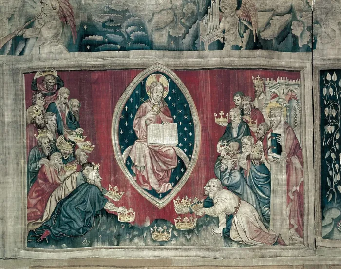 Framed Print : BATAILLE, Nicolas (14th c.). Old Men Kneeling. 1375-1382. 5th scene of the Angers Apocalyse Tapestry, commissioned by the Duke Louis of Anjou. Gothic art. Tapestry. FRANCE