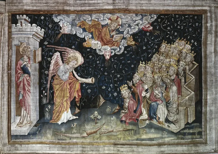 Framed Print : BATAILLE, Nicolas (14th c.). The Seventh Trumpet: announce of Victory. 1375-1382. 34th scene of the Angers Apocalyse Tapestry, commissioned by the Duke Louis of Anjou. Gothic art Framed Print : BATAILLE, Nicolas (14th c.). The Seventh Trumpet: announce of Victory. 1375-1382. 34th scene of the Angers Apocalyse Tapestry, commissioned by the Duke Louis of Anjou. Gothic art
