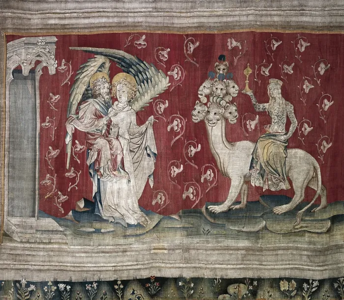 Framed Print : BATAILLE, Nicolas (14th c.). The Whore Riding the Beast. 1375-1382. Piece no. 65 from 'The Apocalypse of Angers', commissioned by Louis I, Duke of Anjou. Gothic art