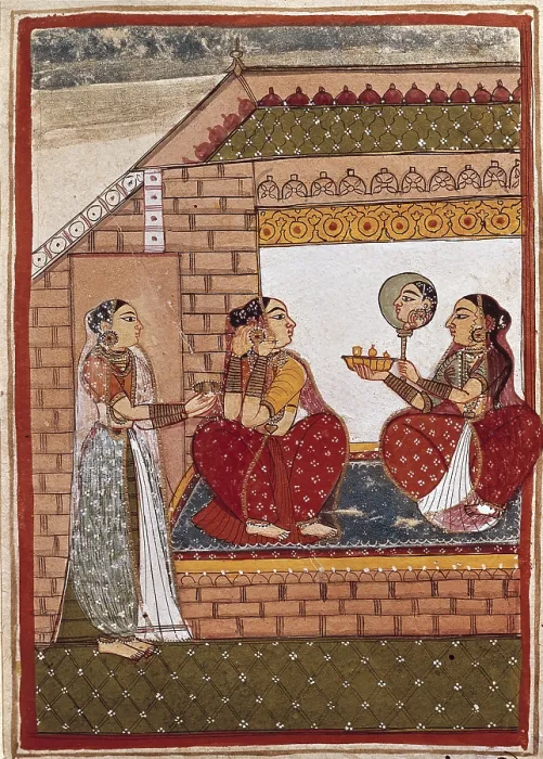 Framed Print : Bath of an Indian princess. Indian-Mongolian Art. Maliwa school. 1720. Hindu art. Miniature Painting. FRANCE. Paris. Marco Polo Gallery