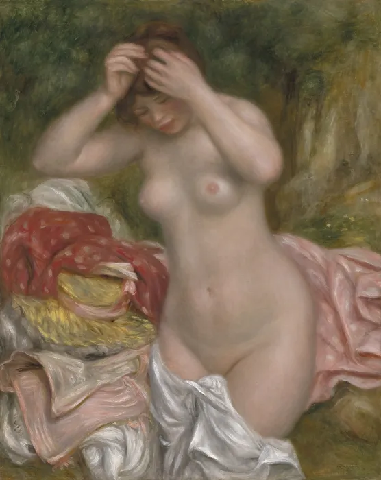 Framed Print : Bather Arranging Her Hair, by Auguste Renoir, 1893, French impressionist painting, oil on canvas. Renoir rendered this sculptural nude with clarity of form
