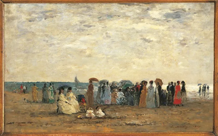 Framed Print : Bathers on the Beach at Trouville, by Eugne Boudin, 1869, 19th Century, oil on canvas, cm 31 x 48 - France, Ile de France, Paris, Muse dOrsay. All