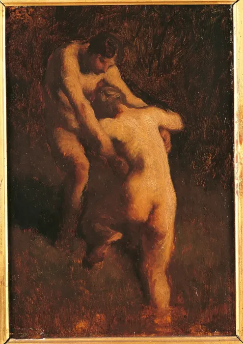Framed Print : Two Bathers, by Jean-Franois Millet, 1848, 19th Century, oil on canvas, cm 28 x 19 - France, Ile de France, Paris, Muse dOrsay, RF141. All. Young woman bathers back water