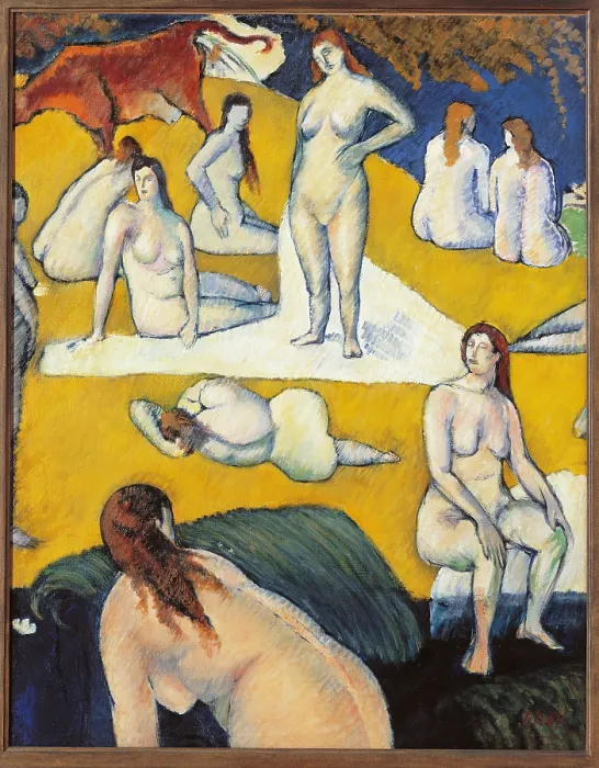 Framed Print : Bathers with Red Cow, by Emile Bernard, 1887, 19th Century, oil on canvas, cm 92, 7 x 72, 4 - France, Ile de France, Paris, Muse dOrsay. All