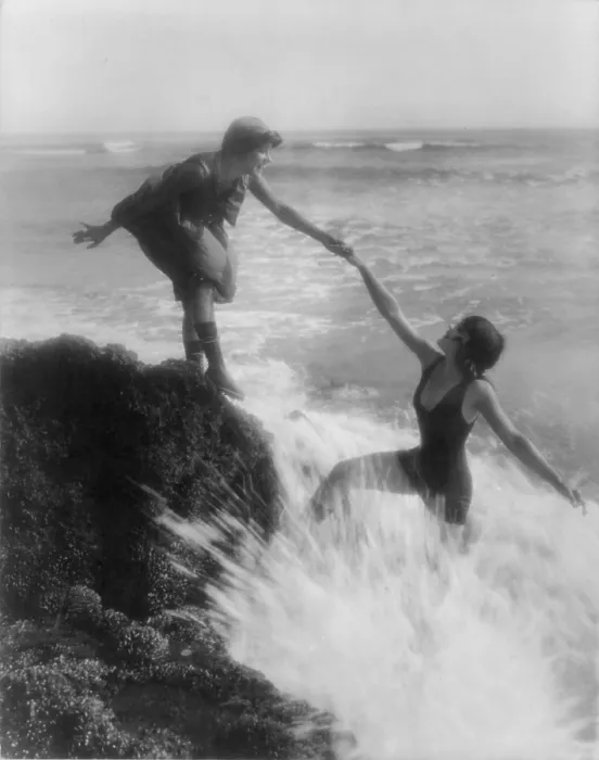 Framed Print : Two bathing beauties at seaside. Publicity shot for Mack Sennett Productions, photograph, 1917 Framed Print : Two bathing beauties at seaside. Publicity shot for Mack Sennett Productions, photograph, 1917