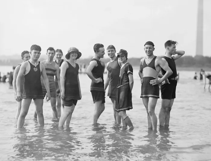 Framed Print : Bathing fashions in the 1910s. Men were required to wear tank tops for coverage of their nipples at the beach. Washington, D.C. 1912-1920 (BSLOC_2016_8_94)
