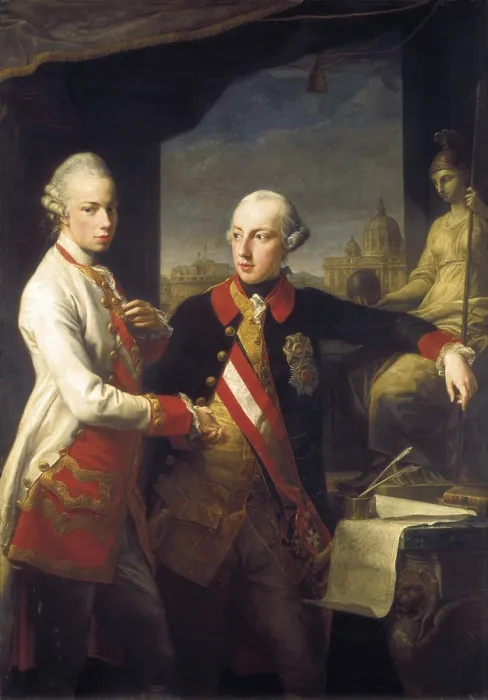 Framed Print : BATONI, Pompeo Girolamo (1708-1787). Kaiser Joseph II and the Grand Duke Leopold of Tuscany. 1769. Portrait commemorating the meeting held between the two brothers in Rome Framed Print : BATONI, Pompeo Girolamo (1708-1787). Kaiser Joseph II and the Grand Duke Leopold of Tuscany. 1769. Portrait commemorating the meeting held between the two brothers in Rome