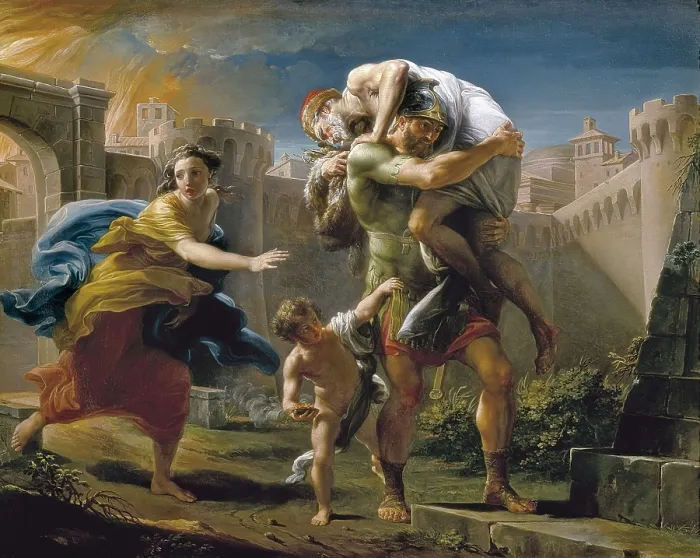 Framed Print : BATONI, Pompeo Girolamo (1708-1787). Aeneas and His Family Fleeing Troy. 18th c. Rococo art. Oil on canvas. ITALY. Turin. Galleria Sabauda (Sabauda Gallery)