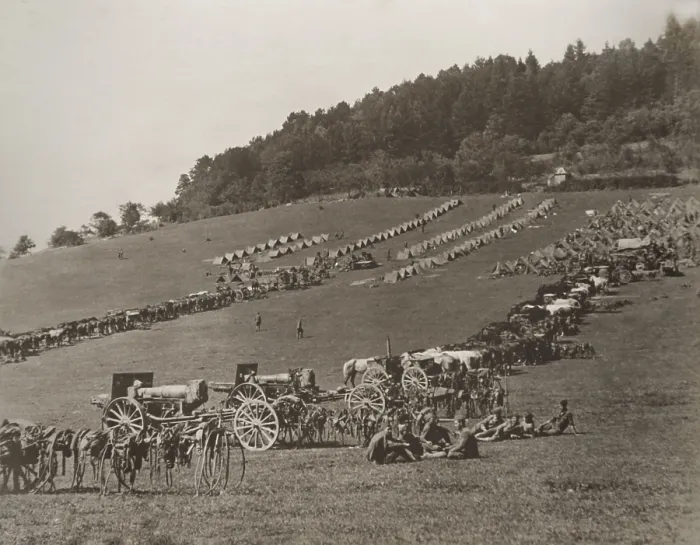 Framed Print : Third Battalion, 13th Regiment, Heavy Field Artillery, 4th Division, camping on French hillside. 155-mm. guns can be seen in the background almost hidden by camouflage