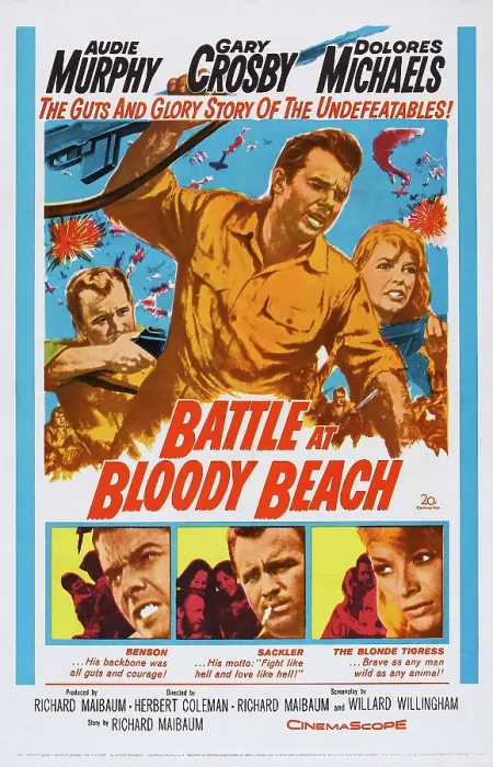 Framed Print : BATTLE AT BLOODY BEACH, US poster art, bottom from left: Audie Murphy, Gary Crosby, Dolores Michaels, 1961, TM & Copyright 20th Century Fox Film Corp