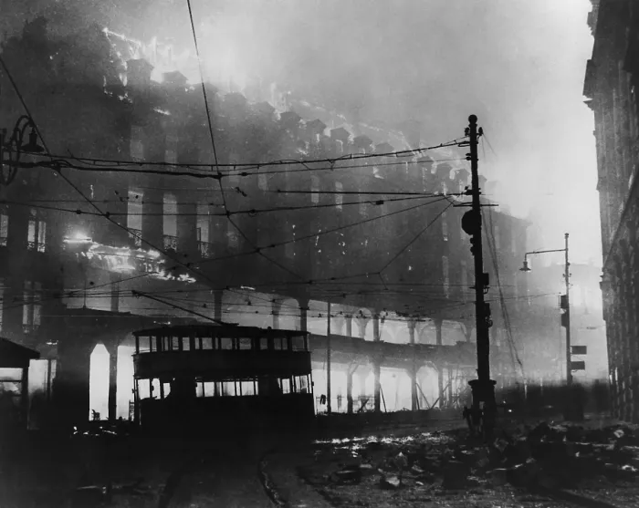 Framed Print : Battle of Britain during World War 2. Burning buildings in Sheffield, England, Dec. 1941. (BSLOC_2013_11_86)